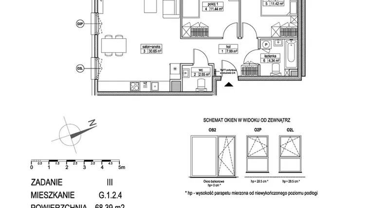 Rzut - Mieszkanie na sprzedaż 3 pokoje o powierzchni 68,44 m² - numer G.1.2.4 w Atut III
