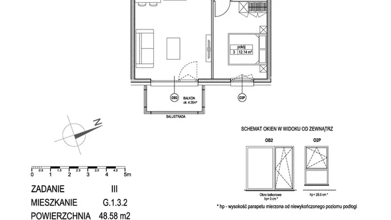 Rzut - Mieszkanie na sprzedaż 2 pokoje o powierzchni 48,69 m² - numer G.1.3.2 w Atut III