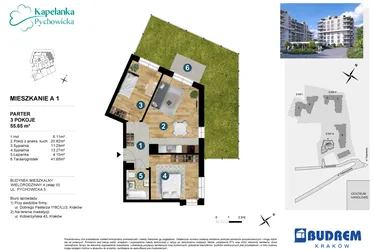 Rzut - Mieszkanie na sprzedaż 3 pokoje o powierzchni 55,83 m² - numer A.1 w Kapelanka-Pychowicka Etap III