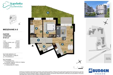 Rzut - Mieszkanie na sprzedaż 3 pokoje o powierzchni 56,26 m² - numer A.5 w Kapelanka-Pychowicka Etap III