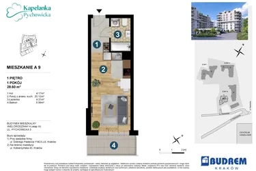 Rzut - Mieszkanie na sprzedaż 1 pokój o powierzchni 28,37 m² - numer A.9 w Kapelanka-Pychowicka Etap III