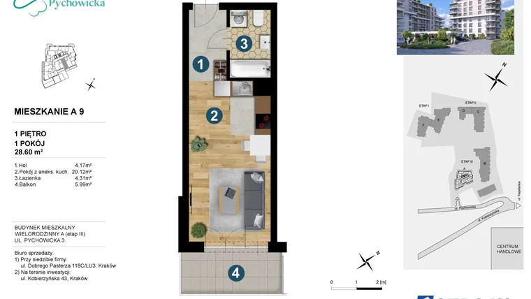 Rzut - Mieszkanie na sprzedaż 1 pokój o powierzchni 28,37 m² - numer A.9 w Kapelanka-Pychowicka Etap III
