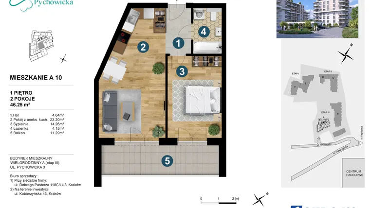Rzut - Mieszkanie na sprzedaż 2 pokoje o powierzchni 46,15 m² - numer A.10 w Kapelanka-Pychowicka Etap III