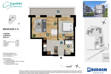 Rzut - Mieszkanie na sprzedaż 2 pokoje o powierzchni 46,46 m² - numer A.12 w Kapelanka-Pychowicka Etap III