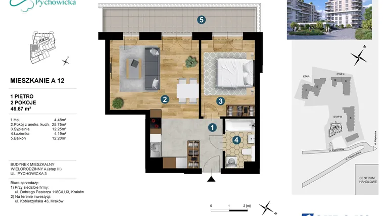 Rzut - Mieszkanie na sprzedaż 2 pokoje o powierzchni 46,46 m² - numer A.12 w Kapelanka-Pychowicka Etap III