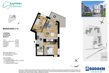 Rzut - Mieszkanie na sprzedaż 3 pokoje o powierzchni 55,87 m² - numer A.15 w Kapelanka-Pychowicka Etap III