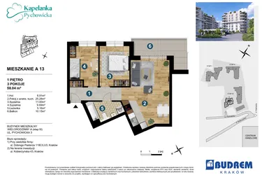 Rzut - Mieszkanie na sprzedaż 3 pokoje o powierzchni 58,49 m² - numer A.13 w Kapelanka-Pychowicka Etap III