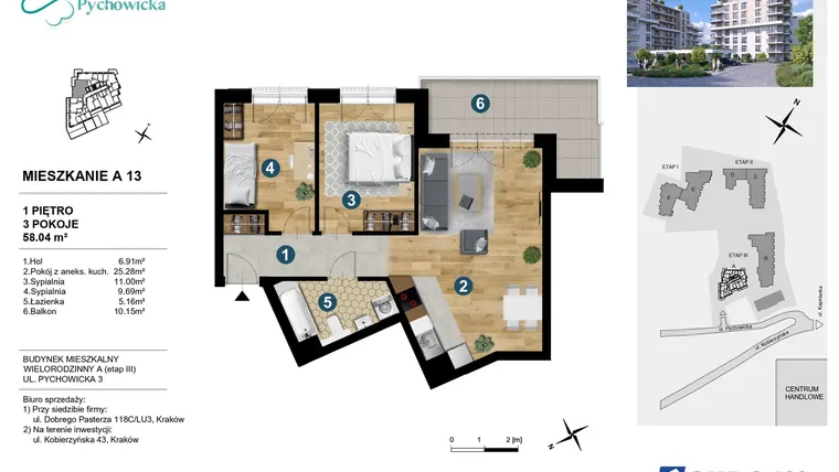 Rzut - Mieszkanie na sprzedaż 3 pokoje o powierzchni 58,49 m² - numer A.13 w Kapelanka-Pychowicka Etap III