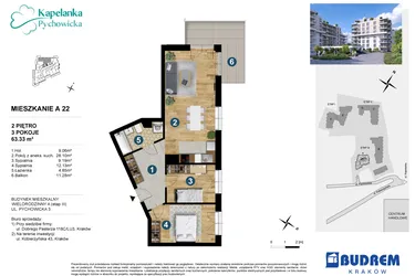 Rzut - Mieszkanie na sprzedaż 3 pokoje o powierzchni 62,15 m² - numer A.22 w Kapelanka-Pychowicka Etap III