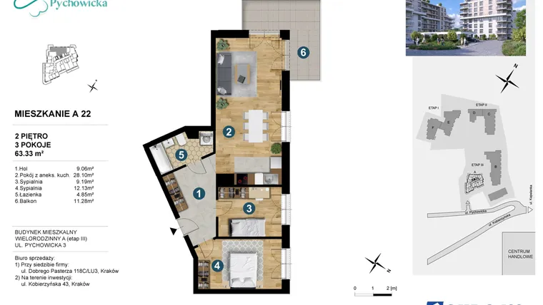 Rzut - Mieszkanie na sprzedaż 3 pokoje o powierzchni 62,15 m² - numer A.22 w Kapelanka-Pychowicka Etap III