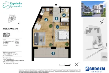 Rzut - Mieszkanie na sprzedaż 2 pokoje o powierzchni 46,08 m² - numer A.18 w Kapelanka-Pychowicka Etap III