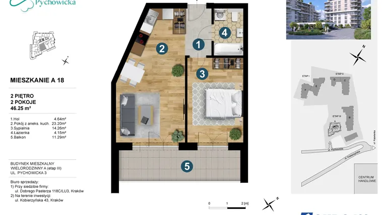 Rzut - Mieszkanie na sprzedaż 2 pokoje o powierzchni 46,08 m² - numer A.18 w Kapelanka-Pychowicka Etap III