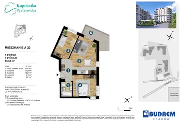 Rzut - Mieszkanie na sprzedaż 3 pokoje o powierzchni 55,91 m² - numer A.23 w Kapelanka-Pychowicka Etap III