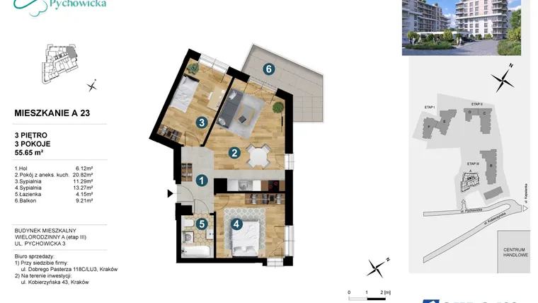 Rzut - Mieszkanie na sprzedaż 3 pokoje o powierzchni 55,91 m² - numer A.23 w Kapelanka-Pychowicka Etap III
