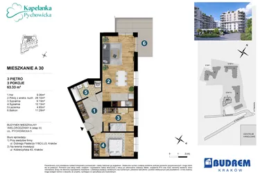 Rzut - Mieszkanie na sprzedaż 3 pokoje o powierzchni 63,63 m² - numer A.30 w Kapelanka-Pychowicka Etap III