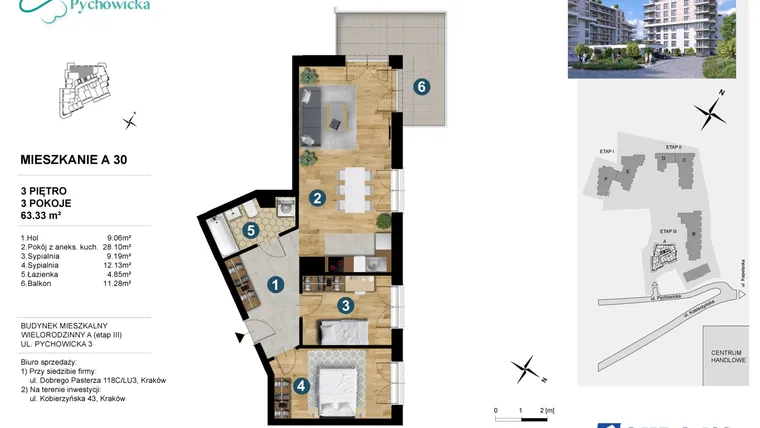 Rzut - Mieszkanie na sprzedaż 3 pokoje o powierzchni 63,63 m² - numer A.30 w Kapelanka-Pychowicka Etap III