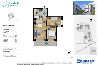 Rzut - Mieszkanie na sprzedaż 3 pokoje o powierzchni 56,68 m² - numer A.32 w Kapelanka-Pychowicka Etap III
