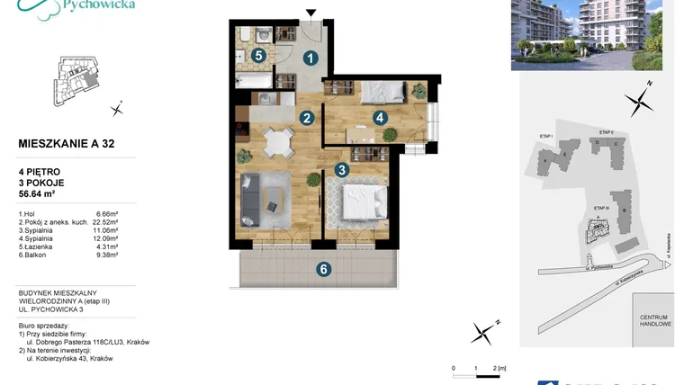 Rzut - Mieszkanie na sprzedaż 3 pokoje o powierzchni 56,68 m² - numer A.32 w Kapelanka-Pychowicka Etap III