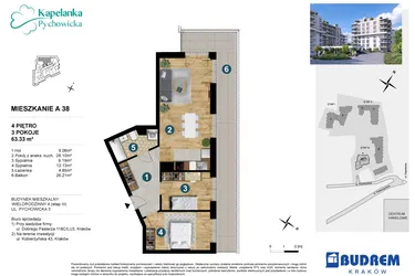 Rzut - Mieszkanie na sprzedaż 3 pokoje o powierzchni 63,57 m² - numer A.38 w Kapelanka-Pychowicka Etap III