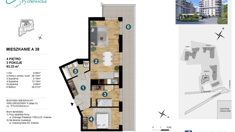Rzut - Mieszkanie na sprzedaż 3 pokoje o powierzchni 63,57 m² - numer A.38 w Kapelanka-Pychowicka Etap III