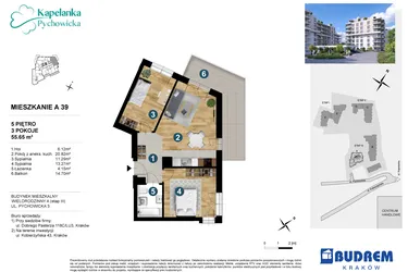 Rzut - Mieszkanie na sprzedaż 3 pokoje o powierzchni 55,8 m² - numer A.39 w Kapelanka-Pychowicka Etap III