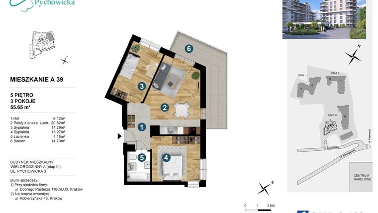Rzut - Mieszkanie na sprzedaż 3 pokoje o powierzchni 55,8 m² - numer A.39 w Kapelanka-Pychowicka Etap III