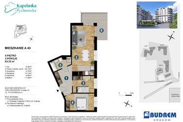 Rzut - Mieszkanie na sprzedaż 3 pokoje o powierzchni 63,14 m² - numer A.43 w Kapelanka-Pychowicka Etap III