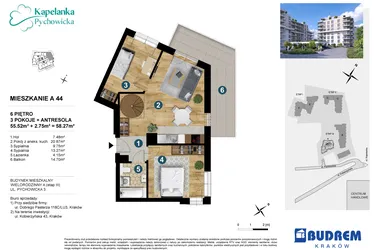 Rzut - Mieszkanie na sprzedaż 3 pokoje o powierzchni 57,99 m² - numer A.44 w Kapelanka-Pychowicka Etap III