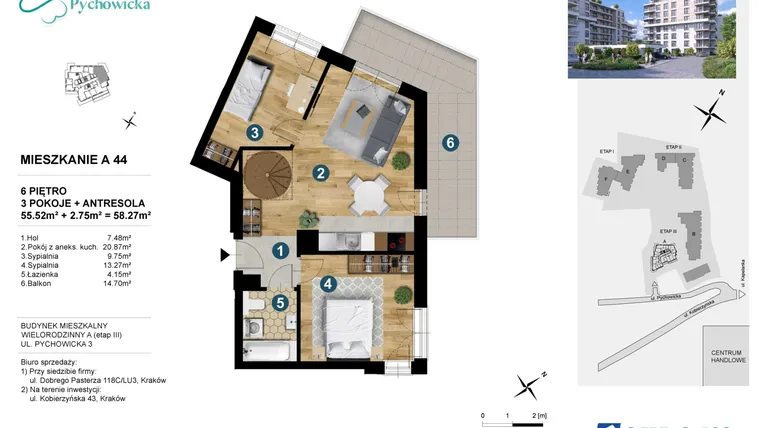 Rzut - Mieszkanie na sprzedaż 3 pokoje o powierzchni 57,99 m² - numer A.44 w Kapelanka-Pychowicka Etap III