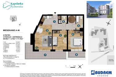 Rzut - Mieszkanie na sprzedaż 3 pokoje o powierzchni 71,56 m² - numer A.46 w Kapelanka-Pychowicka Etap III
