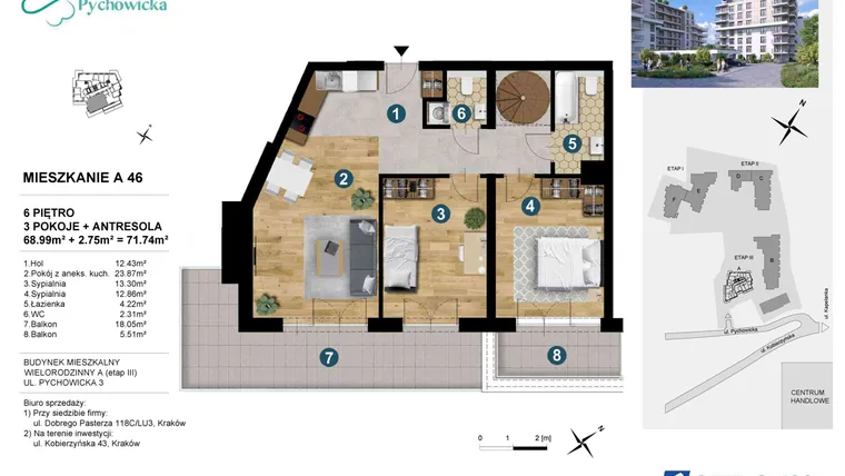 Rzut - Mieszkanie na sprzedaż 3 pokoje o powierzchni 71,56 m² - numer A.46 w Kapelanka-Pychowicka Etap III