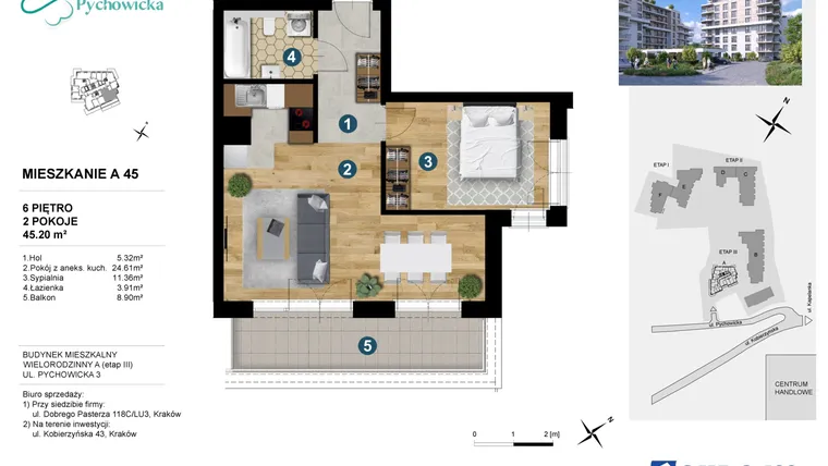 Rzut - Mieszkanie na sprzedaż 2 pokoje o powierzchni 44,91 m² - numer A.45 w Kapelanka-Pychowicka Etap III