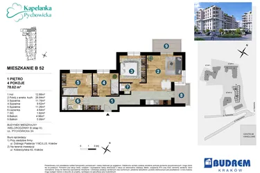 Rzut - Mieszkanie na sprzedaż 4 pokoje o powierzchni 78,07 m² - numer B52 w Kapelanka-Pychowicka Etap III