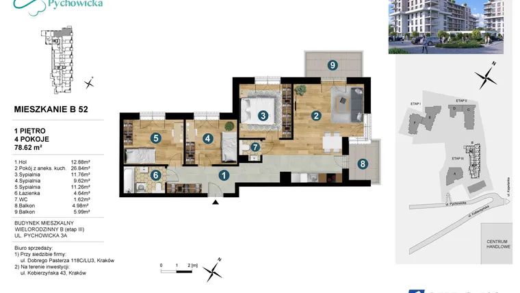Rzut - Mieszkanie na sprzedaż 4 pokoje o powierzchni 78,07 m² - numer B52 w Kapelanka-Pychowicka Etap III