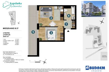 Rzut - Mieszkanie na sprzedaż 2 pokoje o powierzchni 38,62 m² - numer B27 w Kapelanka-Pychowicka Etap III