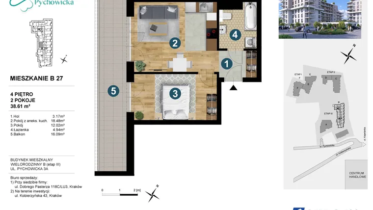 Rzut - Mieszkanie na sprzedaż 2 pokoje o powierzchni 38,62 m² - numer B27 w Kapelanka-Pychowicka Etap III
