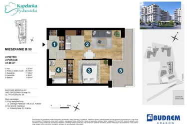 Rzut - Mieszkanie na sprzedaż 2 pokoje o powierzchni 41,98 m² - numer B30 w Kapelanka-Pychowicka Etap III