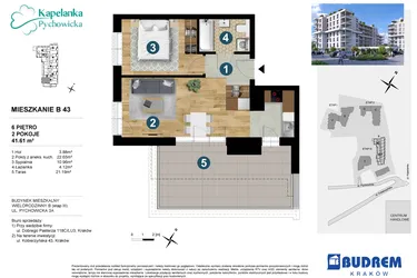 Rzut - Mieszkanie na sprzedaż 2 pokoje o powierzchni 41,52 m² - numer B43 w Kapelanka-Pychowicka Etap III