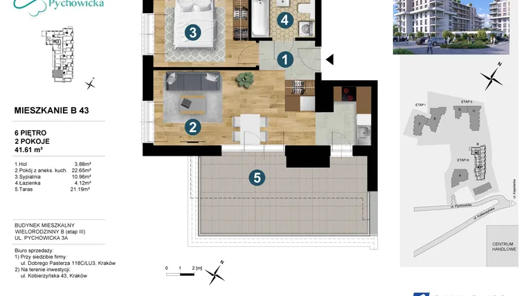 Rzut - Mieszkanie na sprzedaż 2 pokoje o powierzchni 41,52 m² - numer B43 w Kapelanka-Pychowicka Etap III