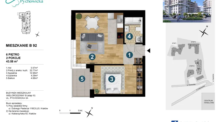 Rzut - Mieszkanie na sprzedaż 2 pokoje o powierzchni 43,48 m² - numer B92 w Kapelanka-Pychowicka Etap III