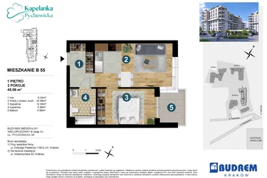 Rzut - Mieszkanie na sprzedaż 2 pokoje o powierzchni 44,87 m² - numer B55 w Kapelanka-Pychowicka Etap III