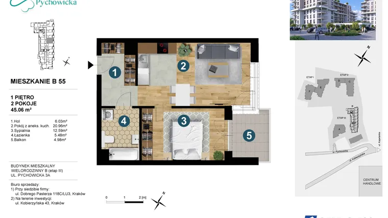 Rzut - Mieszkanie na sprzedaż 2 pokoje o powierzchni 44,87 m² - numer B55 w Kapelanka-Pychowicka Etap III