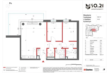 Rzut - Mieszkanie na sprzedaż 3 pokoje o powierzchni 69,61 m² - numer 23 w SO.21
