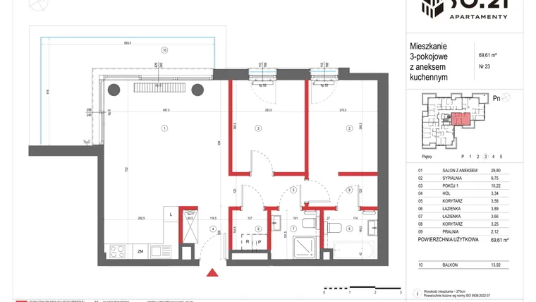 Rzut - Mieszkanie na sprzedaż 3 pokoje o powierzchni 69,61 m² - numer 23 w SO.21