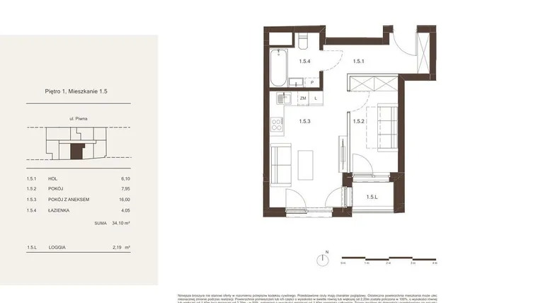 Rzut - Mieszkanie na sprzedaż 2 pokoje o powierzchni 34,1 m² - numer 1.5 w Piwna 21