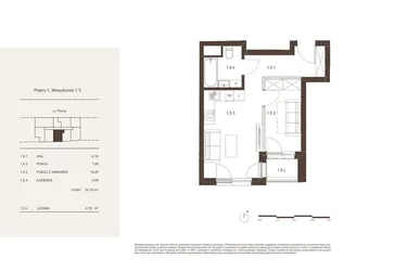 Rzut - Mieszkanie na sprzedaż 2 pokoje o powierzchni 34,1 m² - numer 1.5 w Piwna 21