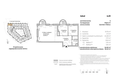 Rzut - Mieszkanie na sprzedaż 3 pokoje o powierzchni 56,02 m² - numer 4.01 w OVAL SKY
