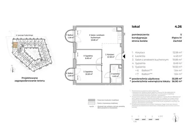 Rzut - Mieszkanie na sprzedaż 3 pokoje o powierzchni 56,4 m² - numer 4.26 w OVAL SKY