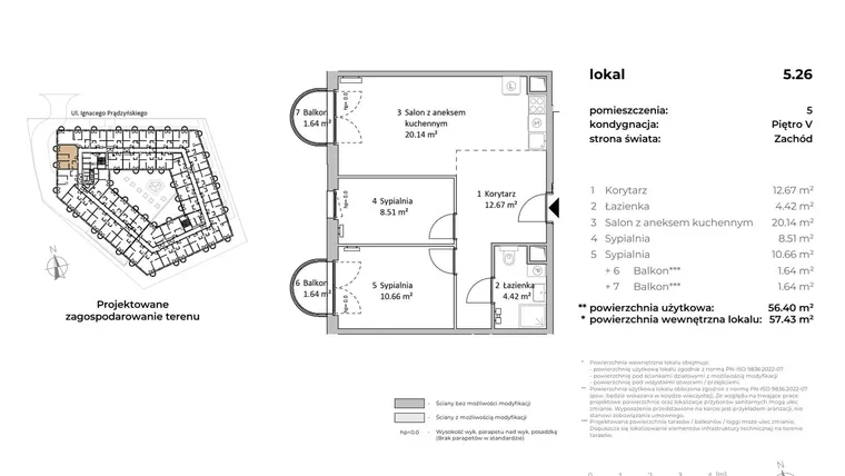 Rzut - Mieszkanie na sprzedaż 3 pokoje o powierzchni 56,4 m² - numer 5.26 w OVAL SKY