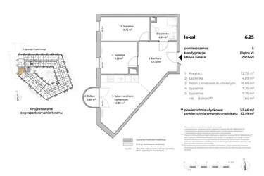 Rzut - Mieszkanie na sprzedaż 3 pokoje o powierzchni 52,56 m² - numer 6.25 w OVAL SKY